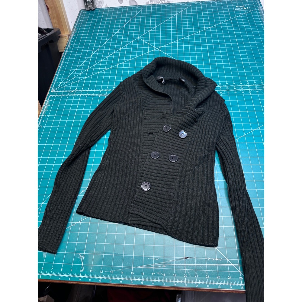 Tomfoolery Womens Black Double Breasted Ribbed Knit Shawl Collar Cardigan M